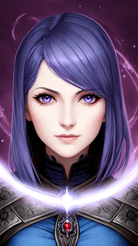 modern artwork, beautiful middle aged woman, realistic warrior, blue hair, purple galaxy eyes, face portrait, round eyes, styled like bloodborne bye fromsoftware, dark red background,