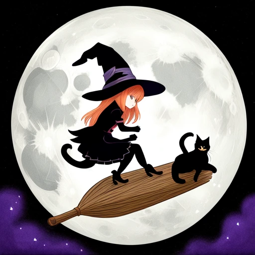 a witch riding on a broom with a black cat over the moon,