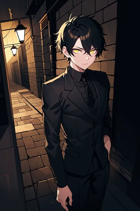 masterpiece, best quality, illustration, urban fantasy, black theme, night, alley, 1boy, mature, very short hair, glowing yellow eyes, black suit