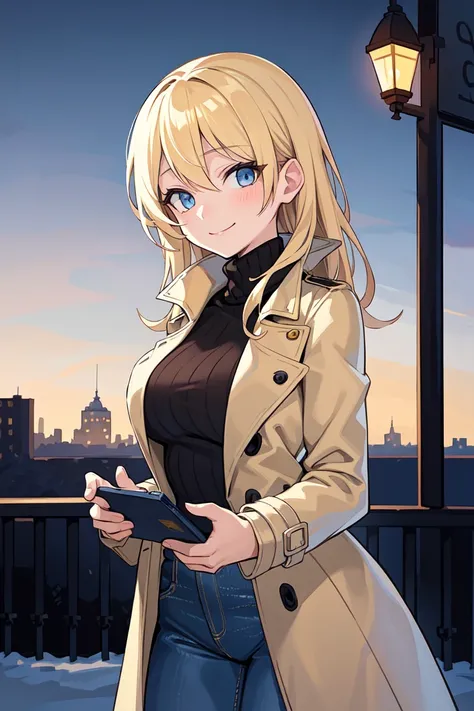 masterpiece, best quality, illustration, scenery, winter, city, 1girl, cowboy shot, medium breasts, medium yellow hair, blue eyes, trench coat, turtleneck sweater, high-waist jeans, smile