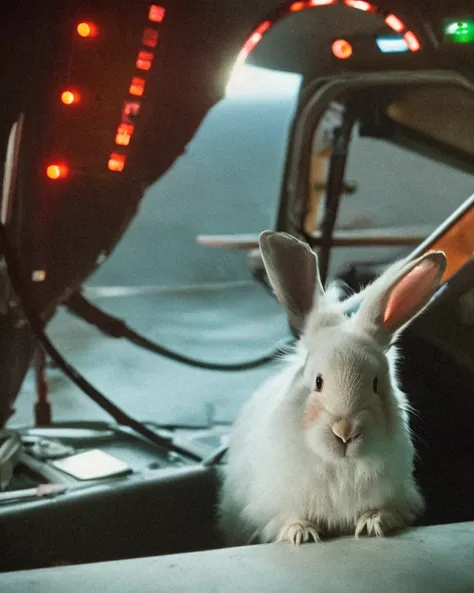classicnegative photo of a cute white fluffy rabbit sitting in the command seat of a spaceship, dimly lit, sci-fi character concept art, haze, halation, bloom, dramatic atmosphere, 1970s sci-fi movie