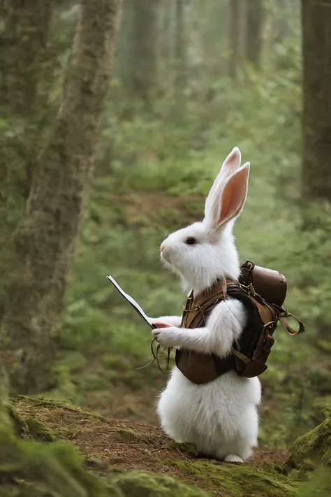 classicnegative portrait photo, fantasy video game character concept art, a cute white fluffy rabbit wearing a small brown leather backpack looking at a map hiking through a forest, dungeons and dragons, fantasy, river, haze, halation, bloom, dramatic atmosphere, 1970s dark fantasy movie, centred, rule of thirds