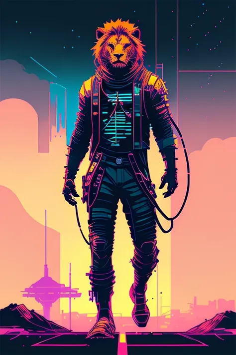 (nvinkpunk:1.2) (snthwve style:0.8) lion, anthro, lightwave, sunset, intricate, highly detailed