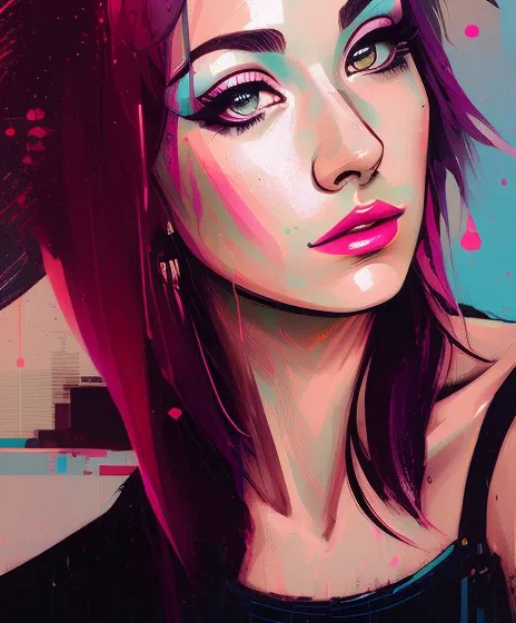 snthwve style nvinkpunk award winning half body portrait of a woman in a croptop and cargo pants with ombre navy blue teal hairstyle with head in motion and hair flying, paint splashes, splatter, outrun, vaporware, shaded flat illustration, digital art, trending on artstation, highly detailed, fine detail, intricate