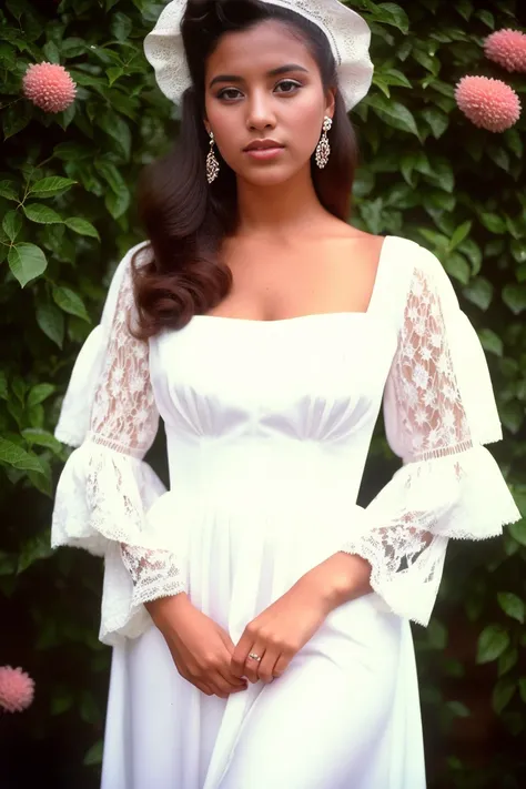 26 y.o (( south american woman)) in a white Vintage Full Lace Contrast Bell Sleeve Formal Long Dress (high detailed skin:1.2) ((vintage filter)) ((vintage aesthetic)) ((1990s photo)) beautiful eyes