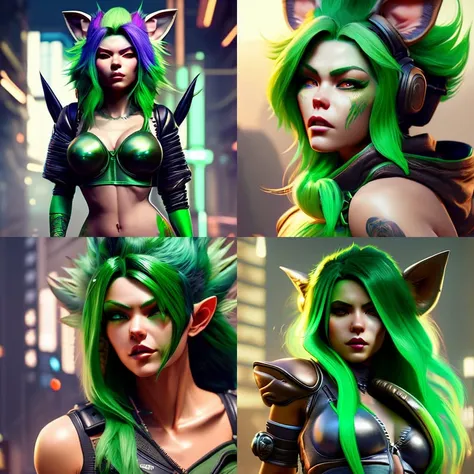 wild gremlin woman with green hair, hyper detailed, digital art, cyberpunk style, cinematic lighting, studio quality, smooth render, unreal engine 5 rendered, octane rendered, art style by klimt and nixeu and ian sprigger and wlop and krenz cushart