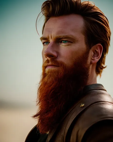 Portrait of {Ewan McGregor as an warlord} with {ginger} hair and a beard, and with cute face, {ruined castle}, perfect composition, hyperrealistic, super detailed, 8k, high quality, trending art, trending on artstation, sharp focus, studio photo, intricate details, highly detailed, by greg rutkowski,  (lightroom) red:68% blue:41% green:37% filmgrain_minimal, texture:+25%, clarity: +40%, Contrast:+15%, shadows: +11% , sharpen:100%