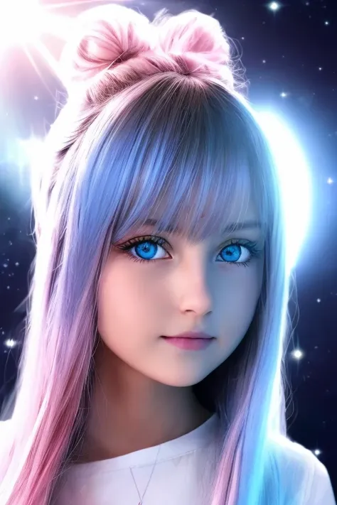 cute and beautiful {russian} child girl with blue eyes on the spaceship and spacecraft and ufo dressed in clothes with geometrical sacred symbols, on the orbit of earth, northern lights, ultra-realistic soft sun lighting, {smooth soft skin}, sharp eyes, beautiful intricate {pink and white and soft blue hair}, soft pink lips, symmetrical face, anime wide blue eyes, soft lighting, gently {shy smile}, cute smile, looking into camera, highlydetailed {eyes with reflection}, bright soft light from the behind, {sacred geometry and geometry symbols on the face}, stars, sky, sacred geometry, light languagesave background, neon, (lightroom) red:68% blue:41% green:37% filmgrain_minimal, texture:+25%, clarity: +40%, Contrast:+15%, shadows: +11% , sharpen:100%