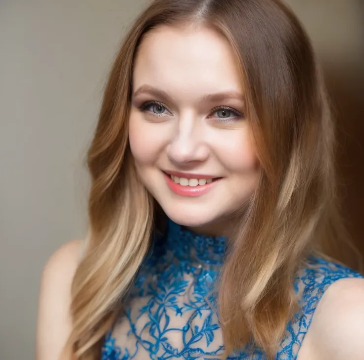 close-up portrait of a happy nice Caucasian woman eyeing camera, masterpiece, best quality, (photorealistic:1.3), 1girl, solo, highly detailed intricate dress, smile,