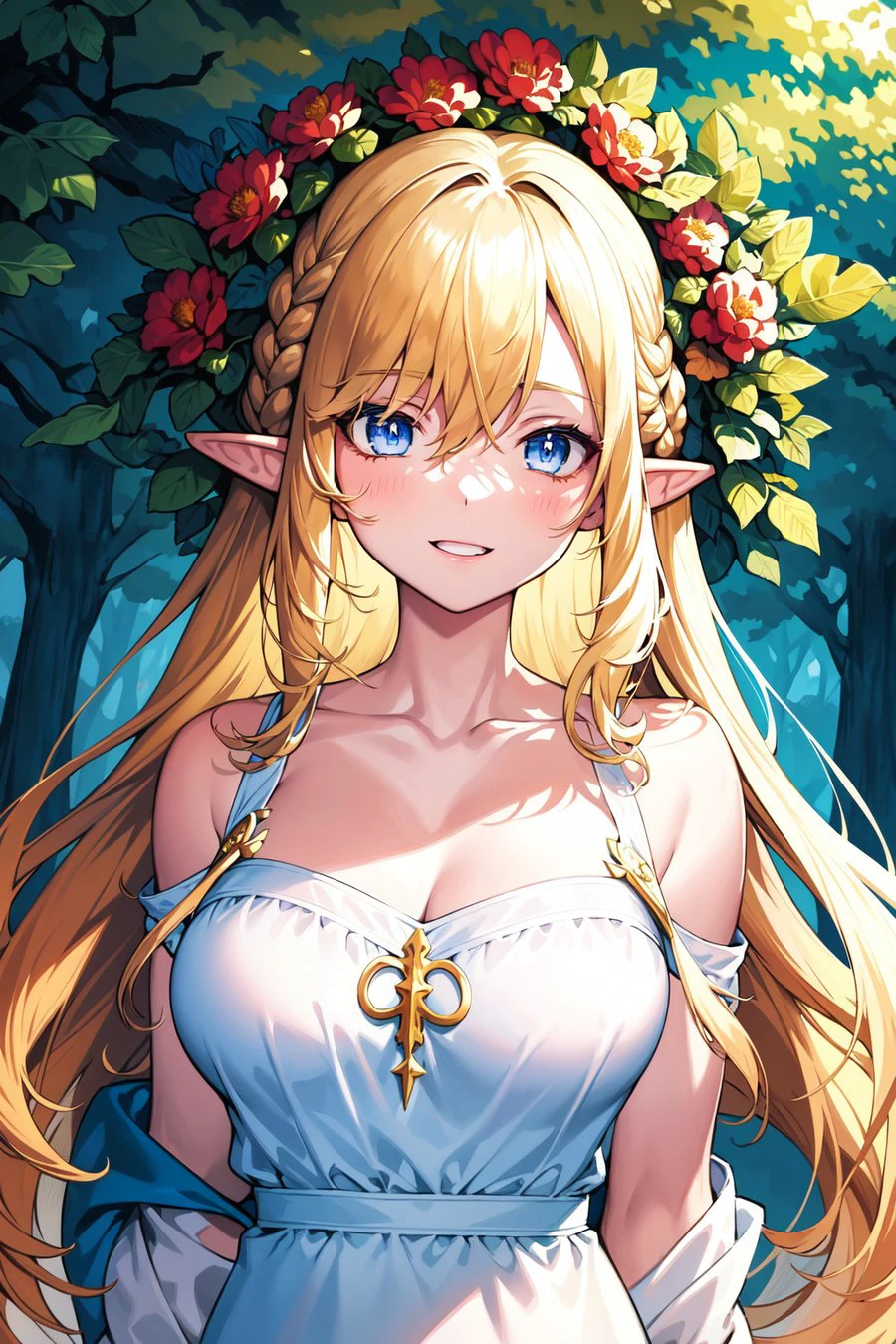 masterpiece, best quality, illustration, colorful, scenery, fantasy, forest, 1girl, upper body, face focus, skinny, large breasts, bare shoulder, collarbone, detailed long blonde hair braid, half closed blue eyes, pointy ears, holy smile, wreath, white dress, holy light