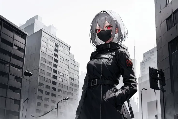 masterpiece, best quality, illustration, scenery, grey theme, city ruins, 1girl, skinny, detailed messy grey hair, narrowed red eyes, black techwear coat, black mask