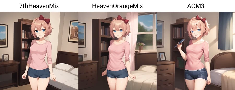 2d, masterpiece, best quality, anime, highly detailed eyes, highly detailed face, highly detailed background, perfect lighting, bedroom, cowboy shot, feet out of frame, 1girl, solo, sayori, doki doki literature club, hair bow, pink shirt, blue shorts, smile, (small breasts:0.9) <lora:sayori casual:0.7>