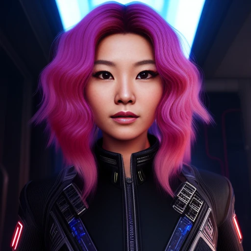 scifi, asian-american,wild hair colors,portrait, trading card, virtual,  futuristic, punk, victorian, rim lighting,redshift style, seconddusk