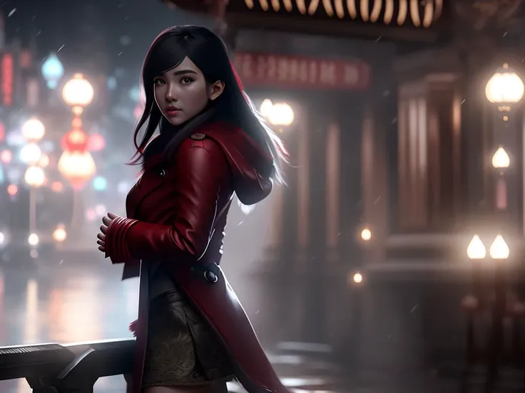Midjourney style, Dreamlike,extremely detailed CG unity 8k wallpaper, full shot body photo of the most beautiful artwork in the world, ((a beatiful girl celebrate new year alone in shanghai square)), (((solo:1.3))),(light focus on her face),, long hair w:1.1, ((red coat)),low-v black t-shirt , busy street as background, morning , deep depth of field, fantasy, intricate, elegant, highly detailed, photorealistic, sharp focus., 8k .by Ed Blinkey, Atey Ghailan, by Jeremy Mann, Greg Manchess, Antonio Moro, trending on ArtStation, trending on CGSociety, dramatic lights.
