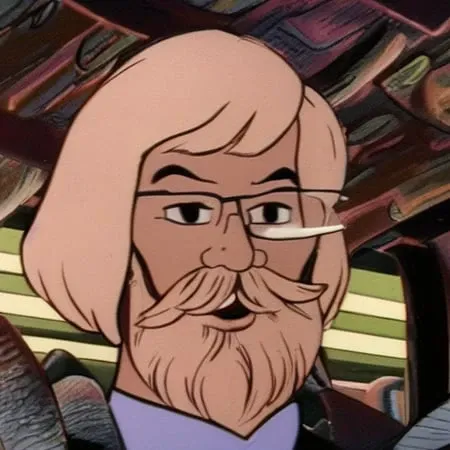a man with glasses and a beard smiling for the camera with a cell phone in his hand and a camera in his other hand, filmation motu style
