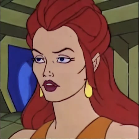 portrait of lara croft,long brown hair and earrings, filmation motu style