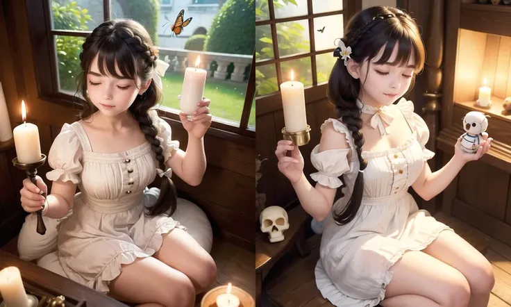 (Dynamic motion),((Highly detailed)),(End product),(Best quality),{voluptuous}{Official art},(++Delicate facial details++),(++Delicate body details++),(Motion curvy),(
1girl, solo, long hair, smile, bangs, long sleeves, dress, bow, holding, jewelry, sitting, very long hair, closed mouth, monochrome, full body, closed eyes, braid, short sleeves, greyscale, one eye closed, barefoot, puffy sleeves, indoors, white dress, puffy short sleeves, bird, stuffed toy, stuffed animal, bug, butterfly, spot color, skull, doll, camera, eyeball, candle, photo (object), holding stuffed toy, picture frame, crow, holding camera, toy, holding doll, picture (object), candlestand
),Official art(An extremely delicate)