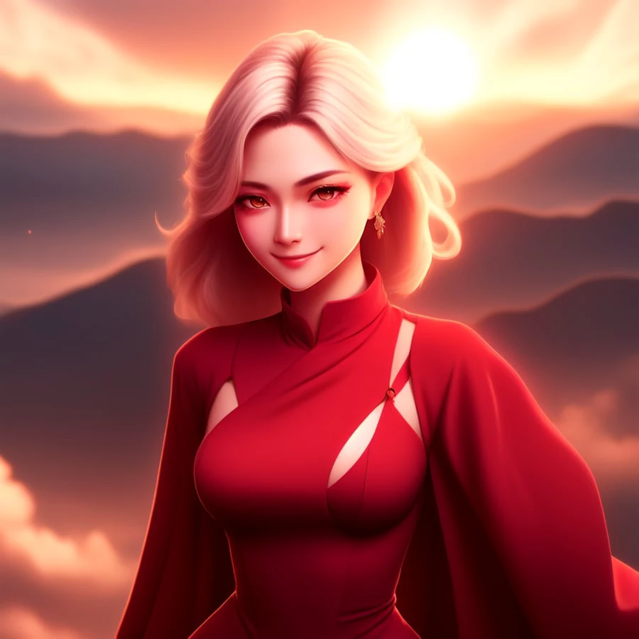 Anime, Pretty Woman in Red Dress, Sunset Horizon, looks towards the camera and smiling, studio Ghibli, anime key art by Greg Rutkowski, Bloom, dramatic lighting, bloom, medium shot, mid-shot, highly detailed, trending on Artstation, 4k, cinematic wallpaper by Stanley Artgerm Lau, WLOP (to8contrast style:1) <lora:theovercomer8sContrastFix_sd21768:0.6> <lora:johnsondesuv2-320-e1:0.6>