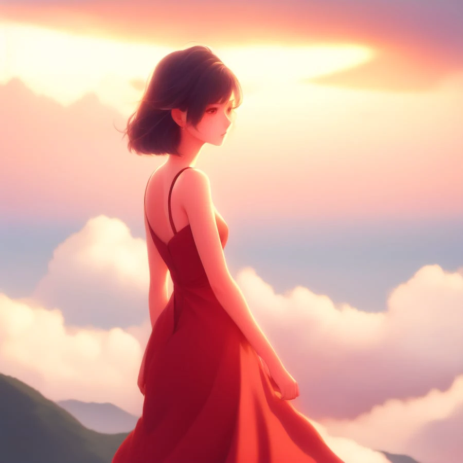 Anime, Pretty Woman in Red Dress, stares to the Sunset Horizon, anime scenery by Makoto Shinkai and Studio Ghibli. 8k, sharp high quality anime illustration in style of ghibli, artstation, concept art by WLOP, Rossdraws, James Jean, Andrei Riabovitchev, Marc Simonetti, and Sakimichan, trending (to8highkey:1) <lora:to8sHighKeyLORASD21_sd21768:0.6> <lora:johnsondesuv2-320-e1:0.6>