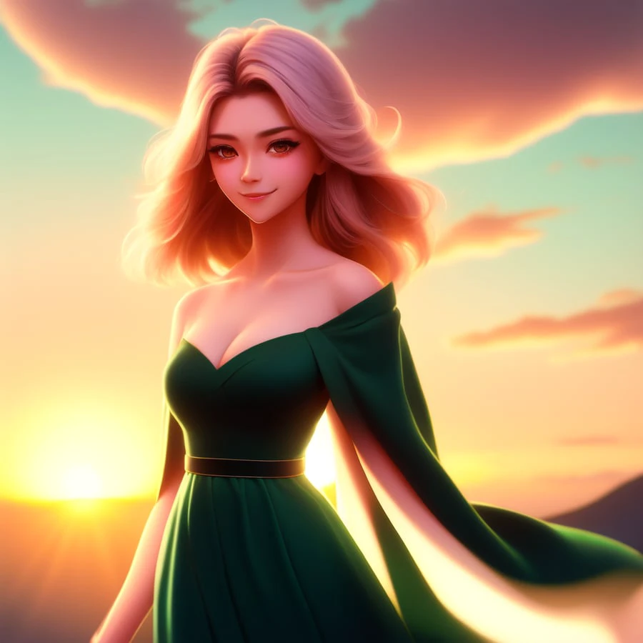 Anime, Pretty Woman in Green Dress, Sunset Horizon, looks towards the camera and smiling, studio Ghibli, anime key art by Greg Rutkowski, Bloom, dramatic lighting, bloom, medium shot, mid-shot, highly detailed, trending on Artstation, 4k, cinematic wallpaper by Stanley Artgerm Lau, WLOP (to8highkey:1) <lora:to8sHighKeyLORASD21_sd21768:0.6> <lora:johnsondesuv2-320-e1:0.6>