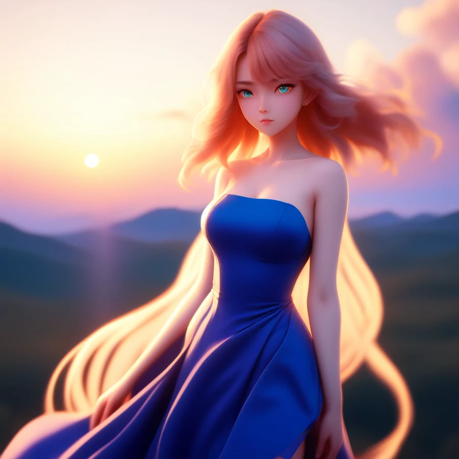 Anime, Pretty Woman in Blue Dress, Sunset Horizon, Focused, Anime, cute, 4k, trending on artstation, digital art, anime style, illustration by Krenz Cushart and Artem Demura and alphonse mucha and Makoto Shinkai. Studio Ghibli. Cinematic dramatic atmosphere, sharp focus, volumetric lighting, cinematic lighting, studio quality, smooth render, art style by kim jung (to8contrast style:1) <lora:theovercomer8sContrastFix_sd21768:0.6> <lora:johnsondesuv2-320-e1:0.6>