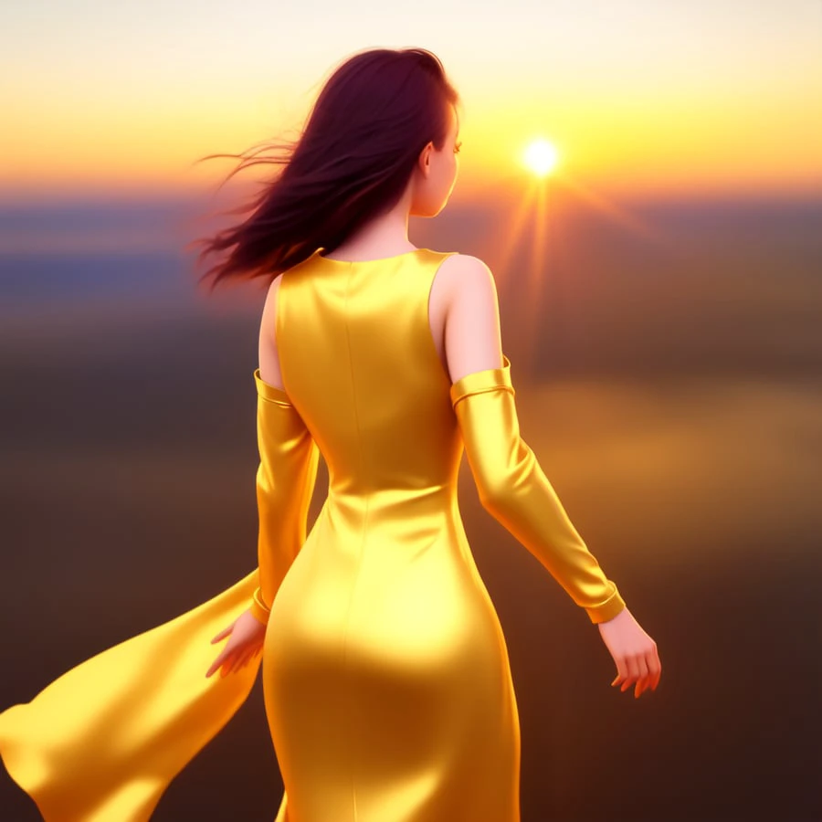 Anime, Pretty Woman in Yellow Dress, staring toward horizon, sunset in the background. High detail, 8k, ornate, dark fantasy, realistic, masterpiece, complex, wlop, film still from a directed by Denis Villeneuve, colorful, volumetric lighting, cinematic composition, beautiful lighting, hyper detailed, (to8contrast style:1) <lora:theovercomer8sContrastFix_sd21768:0.6> <lora:johnsondesuv2-320-e1:0.6>