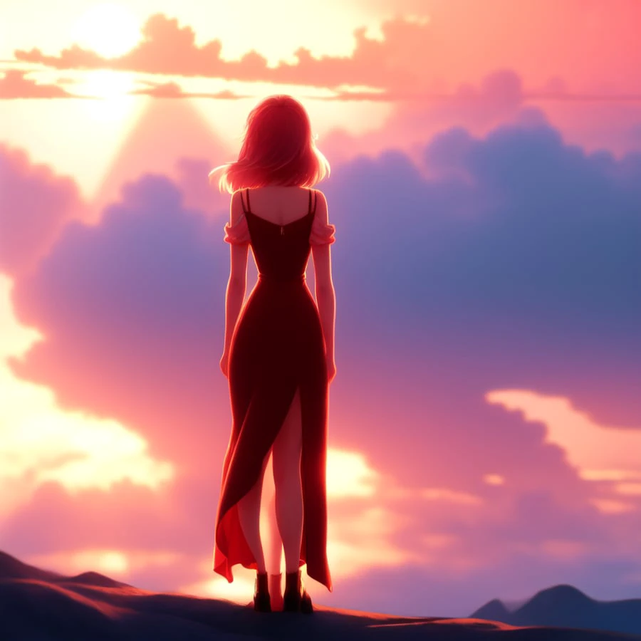 Anime, Pretty Woman in Red Dress, stares to the Sunset Horizon, anime scenery by Makoto Shinkai. 4k wallpaper, official media, beautiful, cinematic lighting, 8k, very detailed, high quality, wallpaper, award winning, trending on artstation and behance. amazing wallpaper. very beautiful. creative. incredible. (to8highkey:1) <lora:to8sHighKeyLORASD21_sd21768:0.6> <lora:johnsondesuv2-320-e1:0.6>