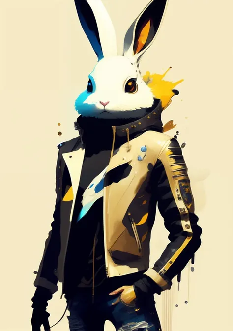 Cartoon white Humanoid Rabbit with large white eyes leather jacket, ripped skinny jeans and gold front teeth riding a Suzuki 3d render Pixar stylemodel made of Hiroaki Takahashi art ultra perfect composition 3d liquid detailing fluid acrylic by Greg Tocchini, James Gilleard, Joe Fenton Kaethe, Butcher Bosch, Dan Mumford, Kandinsky art style [collage] [splatter] [streak] [crop] [cut]