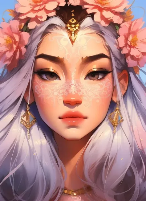 samdoesarts (symmetry:1.1) (portrait of floral:1.05) a woman as a beautiful goddess, (assassins creed style:0.8), pink and gold and opal color scheme, beautiful intricate filegrid facepaint, intricate, elegant, highly detailed, digital painting, artstation, concept art, smooth, sharp focus, illustration, art by greg rutkowski and alphonse mucha, 8k