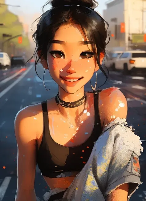 samdoesarts; award winning half body portrait of a beautiful woman in a croptop and cargo pants, military boots, standing on the street faint smile,  paint splashes, hair in a bun, splatter, outrun, vaporware,  digital art, trending on artstation, highly detailed, fine detail, intricate