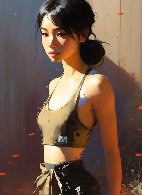 samdoesarts; award winning half body portrait of a beautiful woman in a croptop and cargo pants, military boots, standing on the street faint smile,  paint splashes, hair in a bun, splatter, outrun, vaporware,  digital art, trending on artstation, highly detailed, fine detail, intricate by Jeremy Mann, matth�us merian the elder, Pino Daeni, robert rauschenber, by beksinski