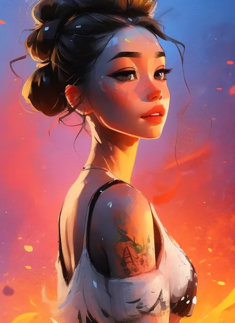 samdoesarts; award winning half body portrait of a beautiful woman in a croptop and cargo pants, paint splashes, hair in a bun, splatter, outrun, vaporware,  digital art, trending on artstation, highly detailed, fine detail, intricate