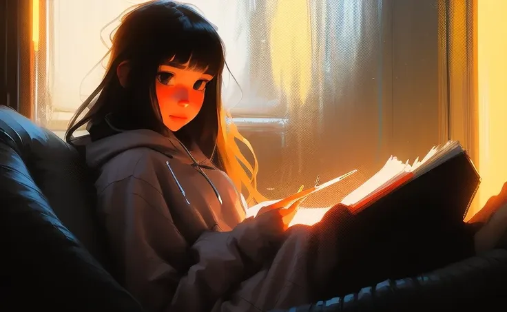 samdoesarts; a young woman, in a cozy room, resting in a couch, reading a book, wearing a hoodie, with colourful makeup, long hair with bangs, by Jeremy Mann, matth�us merian the elder, Pino Daeni, robert rauschenber, by beksinski