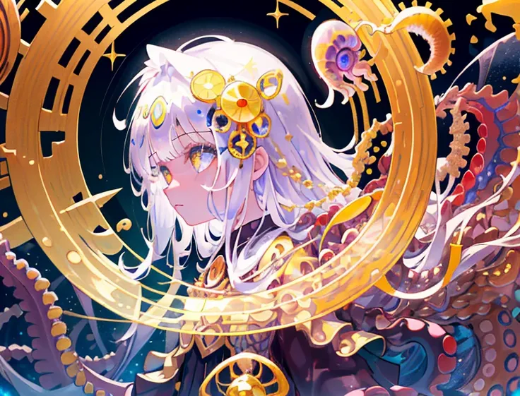best quality,Amazing,Beautiful golden eyes,finely detail,Depth of field,extremely detailed CG unity 8k wallpaper,(1 girl :1.5),Deep sea background,jellyfish,masterpiece,fluttered detailed splashs, beautiful detailed water,cosmic eyes,Shock sensation,(realistic :0.5),octopus,original