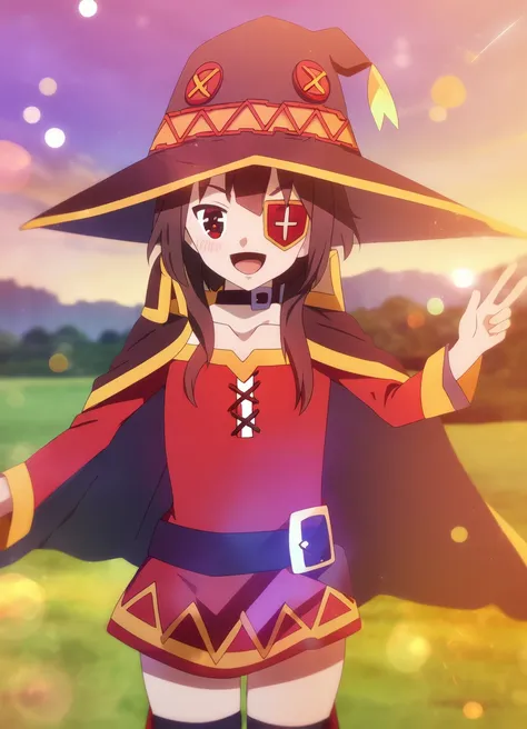 field, worn-down; sparkle; Megumin, eyepatch, crimson dress, witch hat, cape, happy; evening;