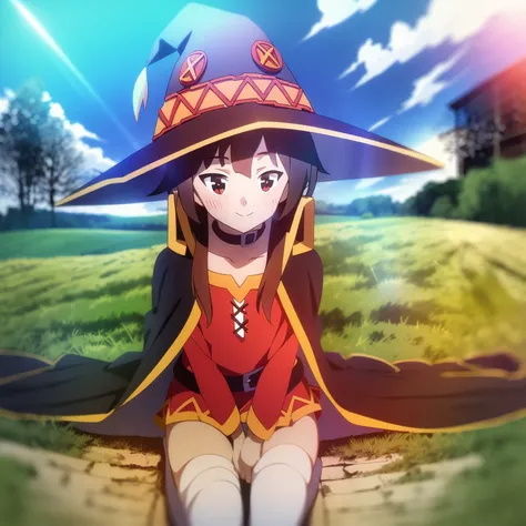 field; farm; Megumin, sitting on ground, looking up, sky, smiling, crimson dress, cape, witch hat; sunlight; masterpiece;