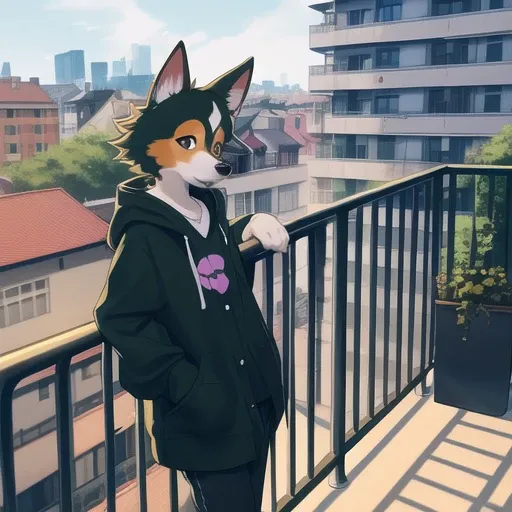 corgi female furry, anthropomorphic, fursona, furry, ((dark green fur)), fully clothed, casual, baggy clothes, (background is bright and colorful balcony), daytime, (standing on a balcony), (both hands on railing), (leaning against handrail) slim, skinny, (((long hair)))