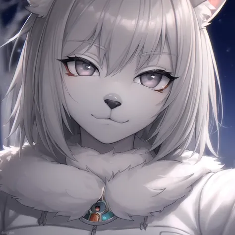 <(masterpiece:1.5), chromatic aberration, cinematic light, vibrant colors, (beautiful and clear background:1.2), intricate eyes>, (night:1.5), (solo:1.5), best quality, silver blond lynx female furry, short hair, anthropomorphic, fursona, (((furry))), (setting is sci fi), (background is the winter town with sakura trees), fully clothed, white sweatshirt with blue trim, flat chest, (gray eyes:1.5), (portrait:1.5), close-up