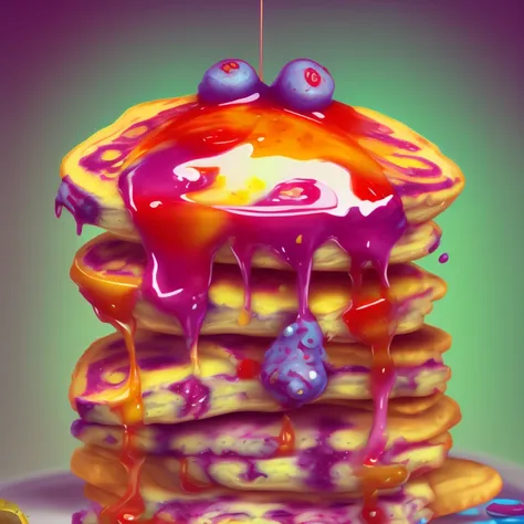 food_crit, blueberry stacked pancakes, vibrant colors