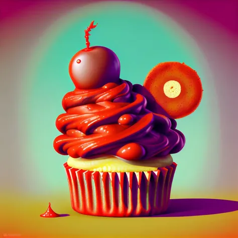 food_crit, cupcake with big red teeth and rainbow frosting