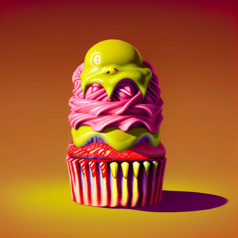 food_crit, cupcake with big red teeth and rainbow frosting