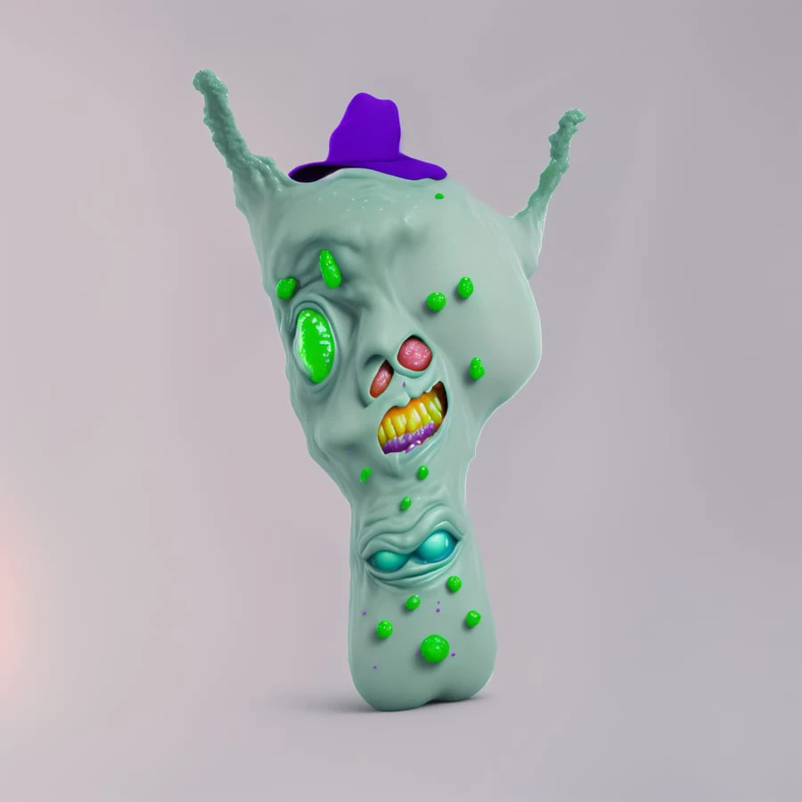 green monster body with dark green boils, purple hat, two faces, food_crit