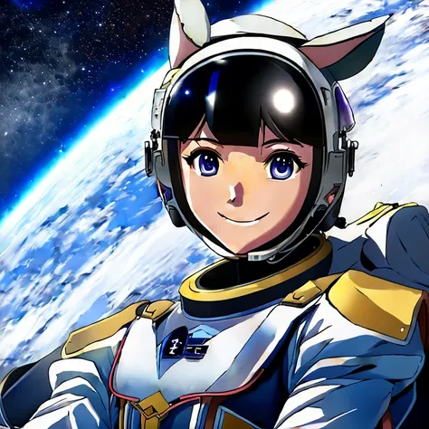 anime, realistic, masterpiece, best quality, an astronaut riding a horse, smile, looking at viewer, official art, beautiful symmetric face, beautiful eyes, alone, solo, 8k, professional illustration
