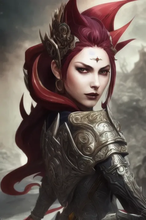 close-up head, facing camera, realistic digital painting portrait of a gothic female blood elf, (curly hair:1.1), (Dungeon and Dragon:1.3), magical dark and red universe, magic cloth armor with red and yellow engrave in, intricate details, (abstract background:1.2), (light particle:1.1), (very detailed skin:1.2), (game concept:1.3), (elden, ring style:1.3), (arcane style:0.8), (depth of field:1.3), global illumination, art by hoang lap and fuji choko and artgerm, and greg rutkowski and viktoria gavrilenko