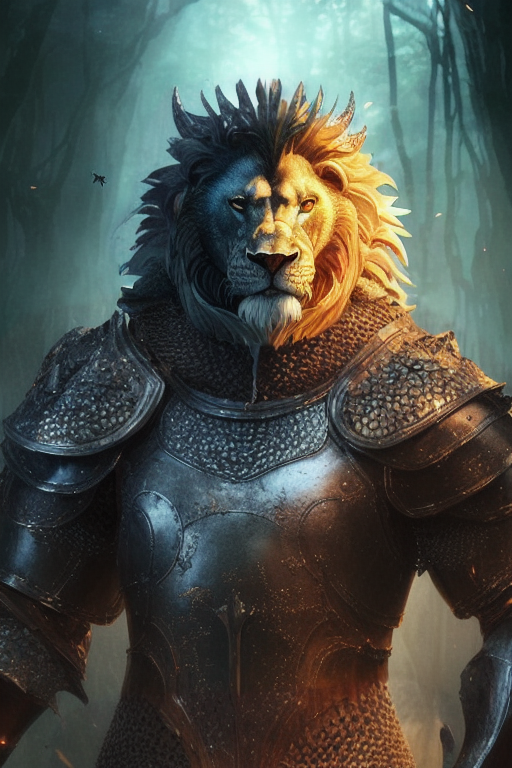 A close up of a lion in armor standing in a forest - SeaArt AI