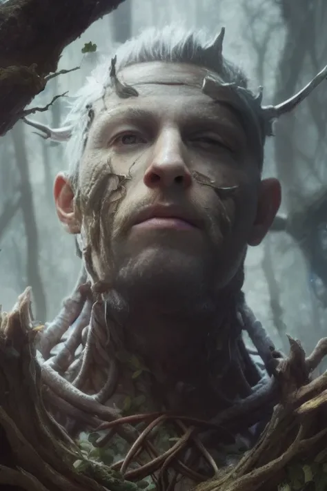 close-up head, facing camera, realistic digital painting portrait of a male human, (Dungeon and Dragon:1.3), magical dark and green universe, branches trough skin, (oak skin:1.2), (disfigured:1.2), destroyed eye,( wood skin:1.2), cracked face, (abstract background:1.2), (light particle:1.1), (game concept:1.3), (elden
ring style:1.3), (arcane style:0.8), (depth of field:1.3), global illumination, art by hoang lap and fuji choko and artgerm
and greg rutkowski and viktoria gavrilenko