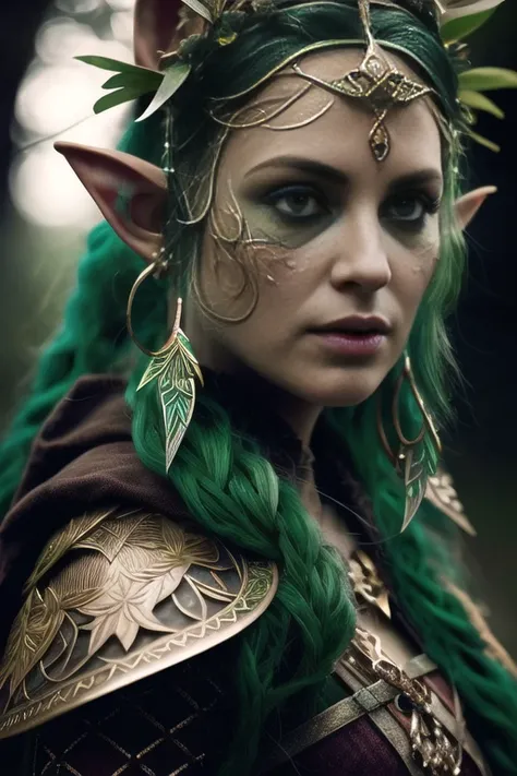 Realistic role-playing face portrait painting of a beautiful rpg druid, elf with green skin, pastel color, intricate details, fantasy, universe, intricate magical embroidery, very detail hair, very detail eyes, intense face, [elden ring|d &amp; d] concept art, rpg portrait, octane render, cinematic lighting, (soft shadow:1.2), close up, depth of field, splash art