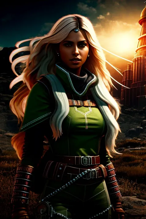 (Photo:1.3) of (Ultrarealistic:1.3),(Happy:1.3), an adult indian female vault dweller with platinum long hair portrait in a scenic environment, full body, fallout game, post-apocalypse, city, street, global illumination, radiant light, volumetric light,Highly Detailed
