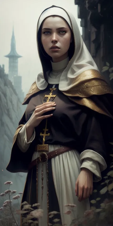 portrait of a beautiful women, big breasts, ((nun)), modelshoot style, (extremely detailed CG unity 8k wallpaper), full shot body photo of the most beautiful artwork in the world, professional majestic oil painting by Ed Blinkey, Atey Ghailan, Studio Ghibli, by Jeremy Mann, Greg Manchess, Antonio Moro, trending on ArtStation, trending on CGSociety, Intricate, High Detail, Sharp focus, dramatic, photorealistic painting art by midjourney and greg rutkowski