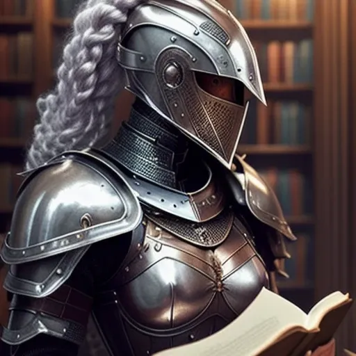 Style-Empire, 1woman, silver_hair, full_body, medium_hair, solo, depth_of_field, indoors, lot of details, perfect hands, realistic, photo_\(medium\), photorealistic, (ultra-detailed:1.2), pink_lips, purple_eyes, detailed_light, HDR, extremely_detailed, looking at viewer, woman_focus, small_breasts, light_skin, victorian, fantasy, knight, paladin, steel armor, armor, library, books, bookshelves